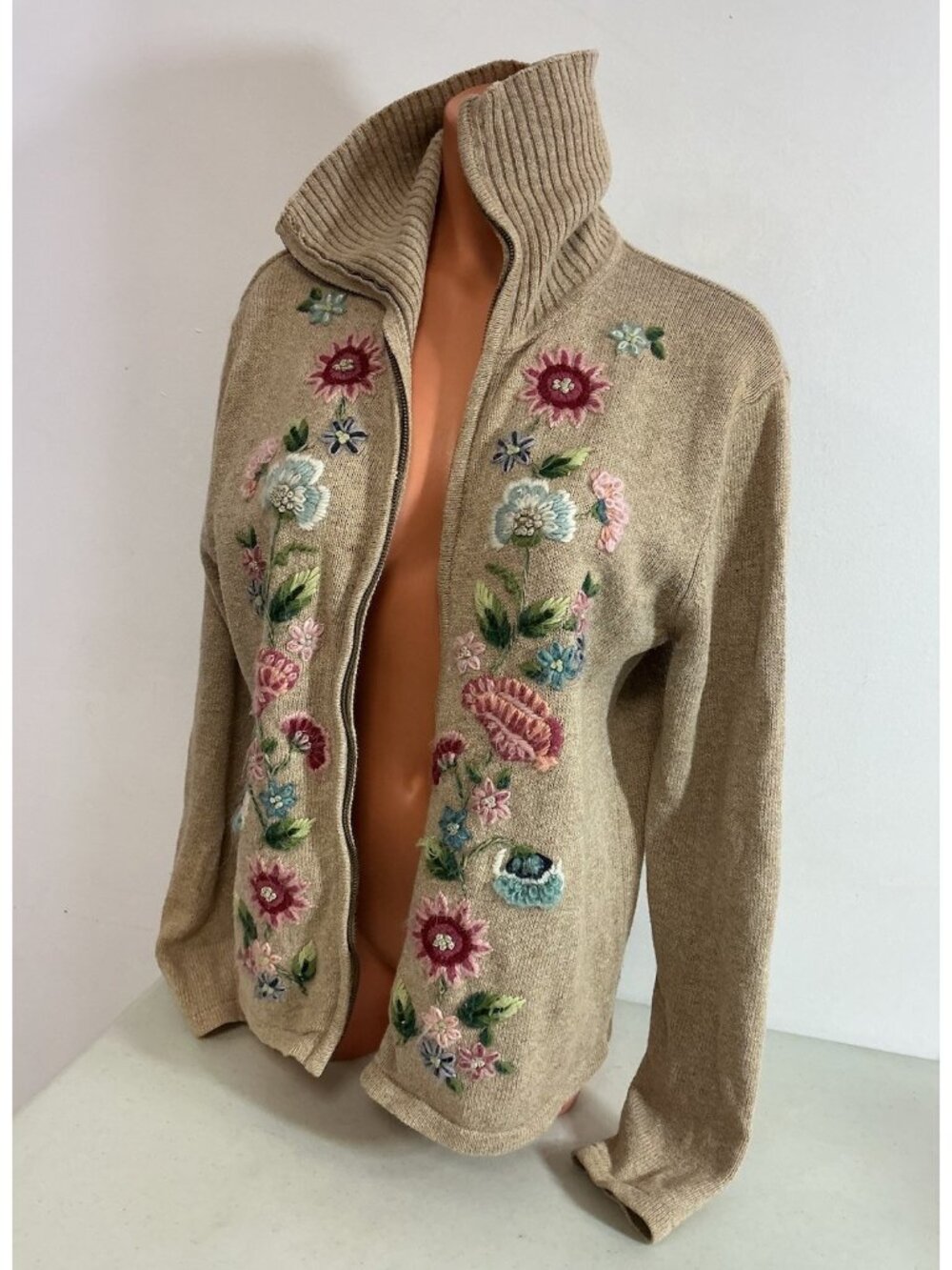 Tiara Floral Embroidered Sweater Full Zip Womens Large